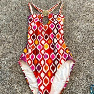Trina Turnk Pink Yellow Orange One Piece Keyhole Halter Tie/Low Back Swimsuit